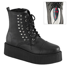 Load image into Gallery viewer, ride side view of black vegan leather 2" platform Lace-up front creeper ankle boot w/ spikes at outer side and full inside zip closure. has hidden coffin shaped stash box underneath sole cover inside shoe