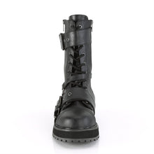 Load image into Gallery viewer, front side view of black vegan leather 1 1/2" platform Lace-up front With harness strap on the side, Ornamental metal zipper at the outer side with 2 buckle straps. And inside metal zip closure