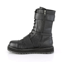 Load image into Gallery viewer, inner side view of black vegan leather 1 1/2" platform Lace-up front With harness strap on the side, Ornamental metal zipper at the outer side with 2 buckle straps. And inside metal zip closure
