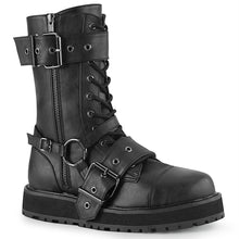 Load image into Gallery viewer, outer side view of black vegan leather 1 1/2" platform Lace-up front With harness strap on the side, Ornamental metal zipper at the outer side with 2 buckle straps. And inside metal zip closure
