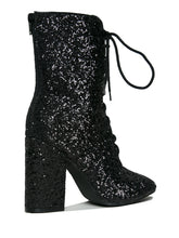Load image into Gallery viewer, Outer view of Black glitter lace up front bootie boot.