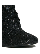 Load image into Gallery viewer, front view of Black glitter lace up front bootie boot.