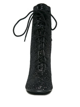 Load image into Gallery viewer, front view of Black glitter lace up front bootie boot.
