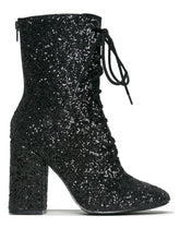 Load image into Gallery viewer, Outer view of Black glitter lace up front bootie boot.