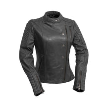 Load image into Gallery viewer, front view of Black leather sheepskin jacket. Jacket is designed to have a classic fit, has zip sleeves, two side hand pockets, one chest pocket and two interior pockets. Jacket is fully lined.