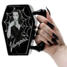 Load image into Gallery viewer, Vampira Cobweb Coffin Shaped Mug
