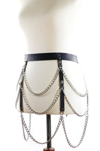 Load image into Gallery viewer, Black Leather Belt w/ Three Rows of Silver Hanging Chains
