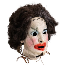 Load image into Gallery viewer, Mask with brown hair, white face, black eyes, red lips, and brown strings on a white background
