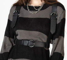 Load image into Gallery viewer, Person wearing a black and gray striped dress with vegan leather harness on a white background
