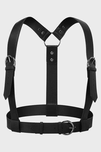 Black vegan leather harness on a white background