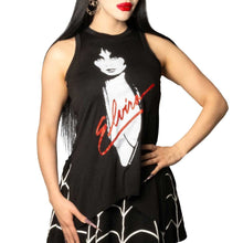 Load image into Gallery viewer, Model wearing a black sleeveless top with a white graphic of a woman in a white dress and red script text reading 'Gloria', paired with a black skirt featuring a white spiderweb pattern, against a plain white background.
