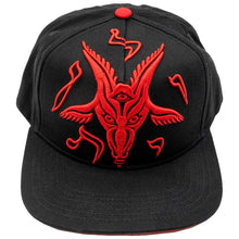 Load image into Gallery viewer, Black cap with red goat-like creature emblem on a white background
