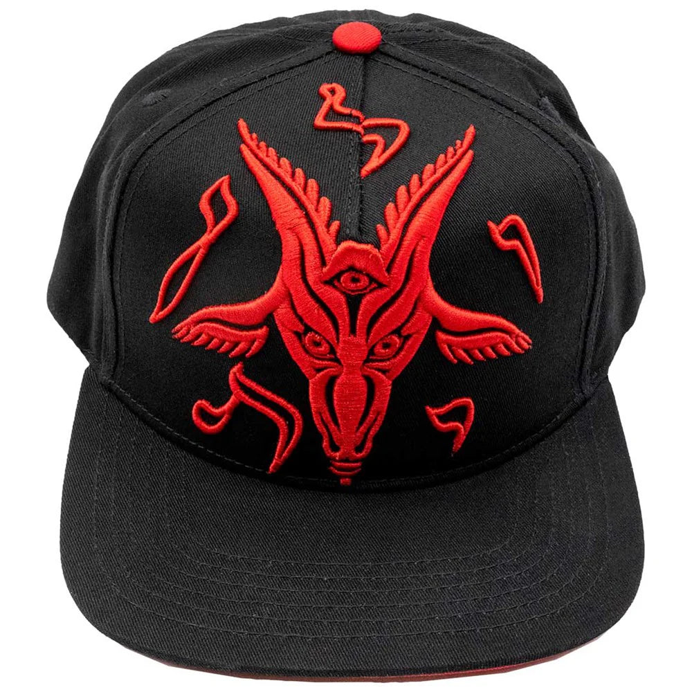 Black cap with red goat-like creature emblem on a white background