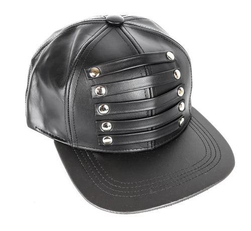 Black Leather Baseball Hat w/ Leather Straps