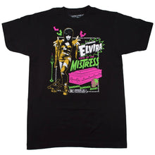 Load image into Gallery viewer, Black t-shirt with colorful graphic design featuring &#39;Elvira, Curse of the Mistress&#39; on a white background.
