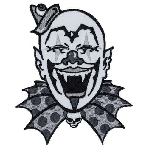 Patch with a stylized clown face design on a white background