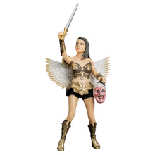 Load image into Gallery viewer, Figure with angelic attire holding a sword and a clown head on a white background
