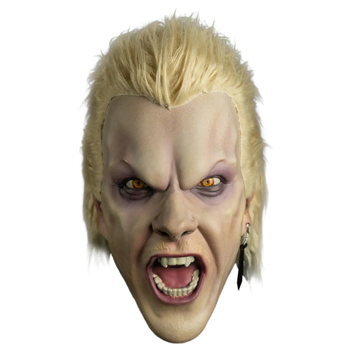 Mask with blonde hair and a fierce expression on a white background
