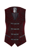 Load image into Gallery viewer, Red patterned vest with silver buttons on a white background
