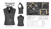 Load image into Gallery viewer, Steampunk quilt vest with detailed design elements and specifications.
