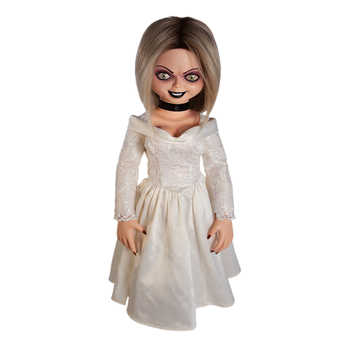 Doll is clothed with a white long sleeve wedding dress and black choker accessory. Has tattoo on right breast of a red heart with a dagger stabbed in it and the text 