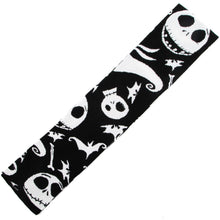 Load image into Gallery viewer, Black and white jacquard knit scarf with Jack Skellington, Zero, Bones and Bats all over print.
