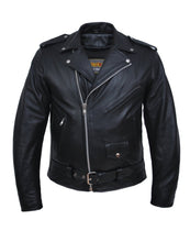 Load image into Gallery viewer, front view of black real leather motorcycle style with snap down label, motorcycle style collar. epaulets and asymmetrical zipper.
