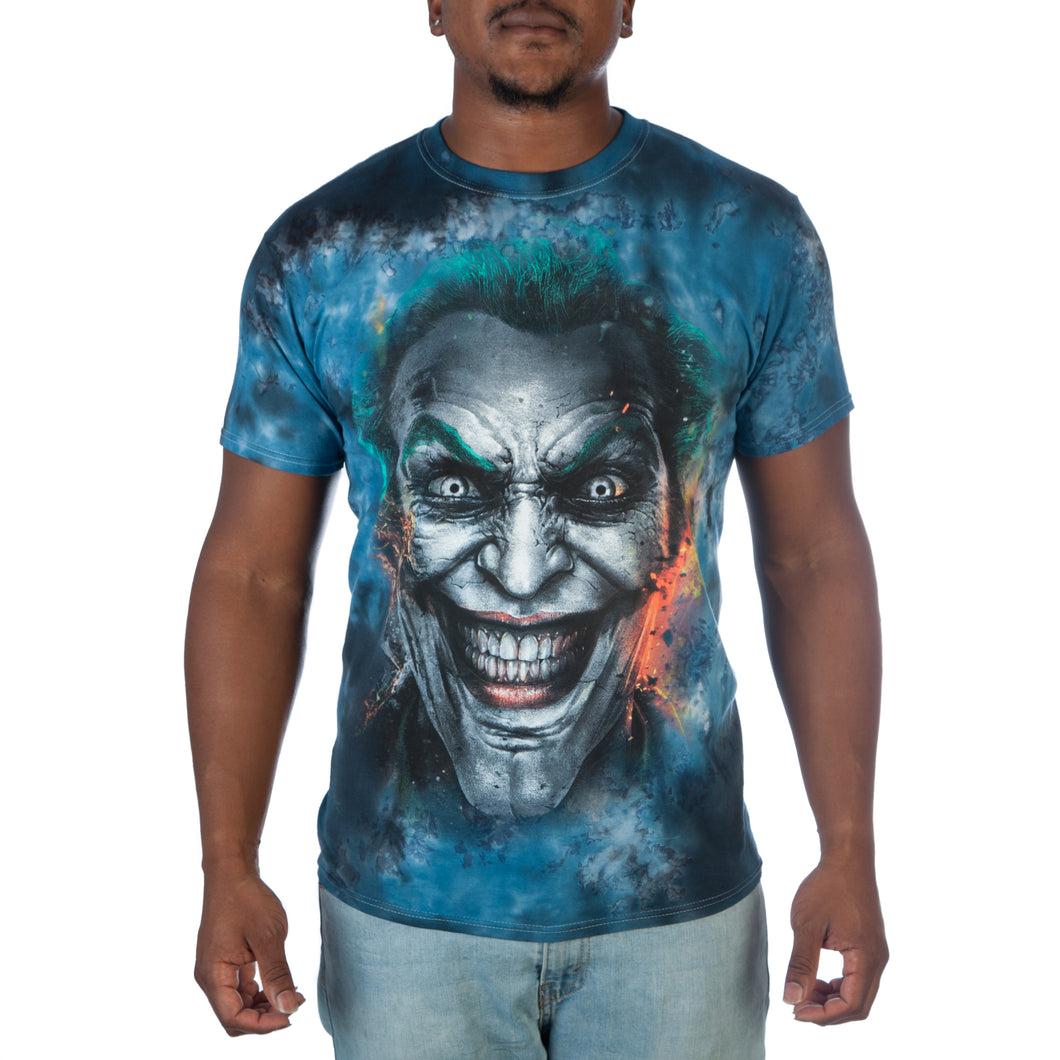 unisex Blue, green and black shirt with large full print of comic book injustice Joker in the middle