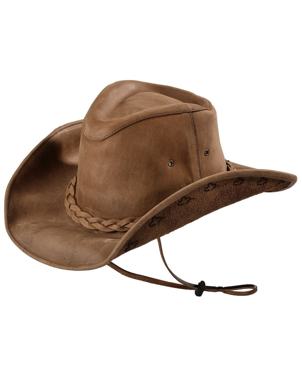 Real brown leather cowboy hat, braided leather around base, has adjustable chin strap