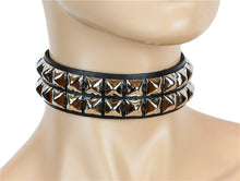 Load image into Gallery viewer, mannequin displaying black leather collar with two rows of silver pyramid studs
