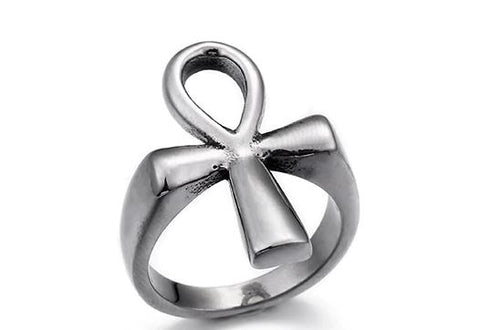 Silver colored stainless steel ankh symbol ring.