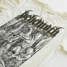 Load image into Gallery viewer, front view of Natural white Behemoth shirt with logo on the top, Jesus on the cross artwork on the front center
