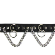 Load image into Gallery viewer, black bondage belt with silver hanging o rings and silver hanging chain
