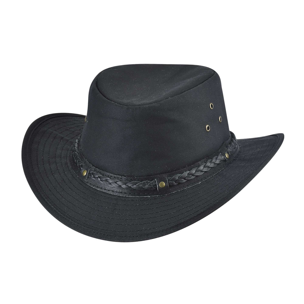 Black weathered cotton cowboy hat with three O ring air holes on the left side and braided leather around base of hat