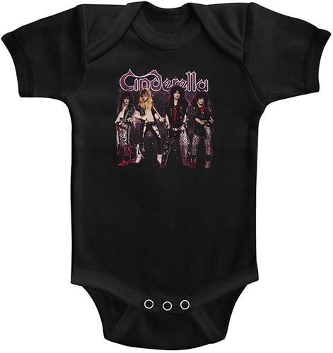black cinderella onesie with logo and picture of band