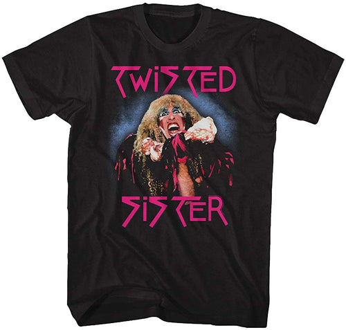 black band shirt with twisted sister logo and dee snider open mouth graphic