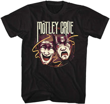 Load image into Gallery viewer, black unisex motley crue shirt with logo and theatre of pain happy sad masks
