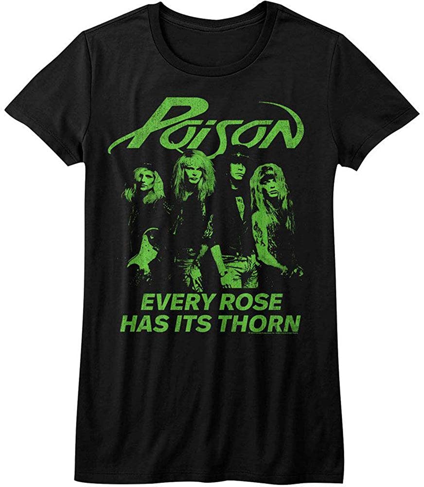 women's black poison shirt with logo on top, green band picture in the middle and text that reads 