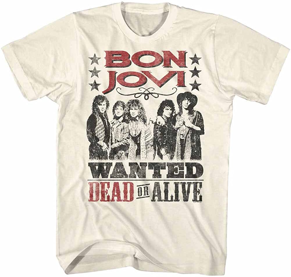 off white natural white bon jovi shirt with red logo on top, old school band picture in middle and text on the bottom that reads 