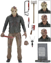 Load image into Gallery viewer, Based on Jason Voorhees from the 1984 film Friday the 13th: The Final Chapter. Figure comes with 2 masks, 2 interchangeable head sculpts, knife, corkscrew, tombstone, hacksaw, cleaver, machete and axe. Machete can slide into Jason&#39;s head.  Action figure is in a window friendly box perfect for collectors.
