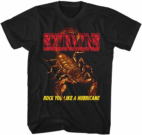 black scorpions band shirt with logo, scorpion graphic and text that reads 