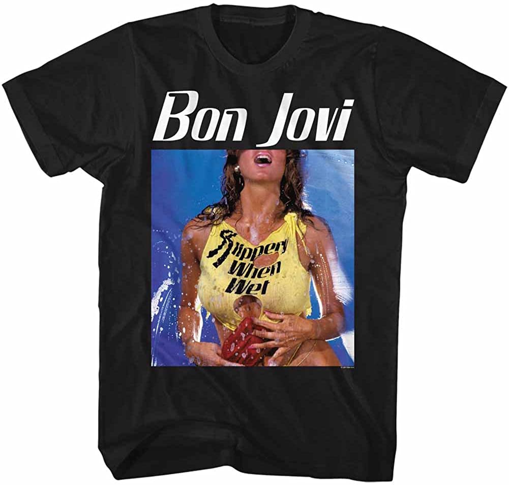 black unisex bon jovi slippery when wet alternative album cover art with logo on top