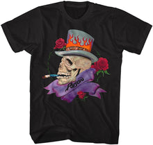 Load image into Gallery viewer, black unisex poison shirt with smoking skull wearing a flaming top hat with roses around him and black poison logo on bottom

