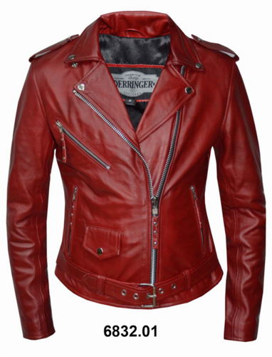 front of Real red leather motorcycle style jacket with snap down label, motorcycle style collar. Epaulets and asymmetrical zipper. Adjustable attached belt.