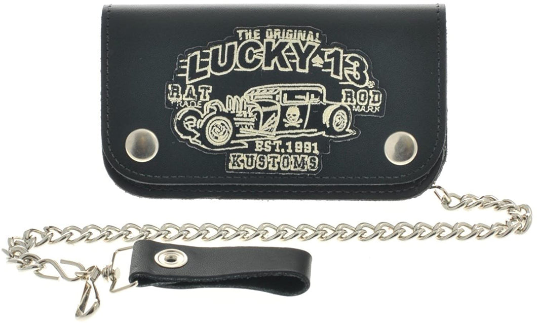 front of Black leather wallet with chain, leather clasp, and a fully embroidered patch of Lucky 13's 
