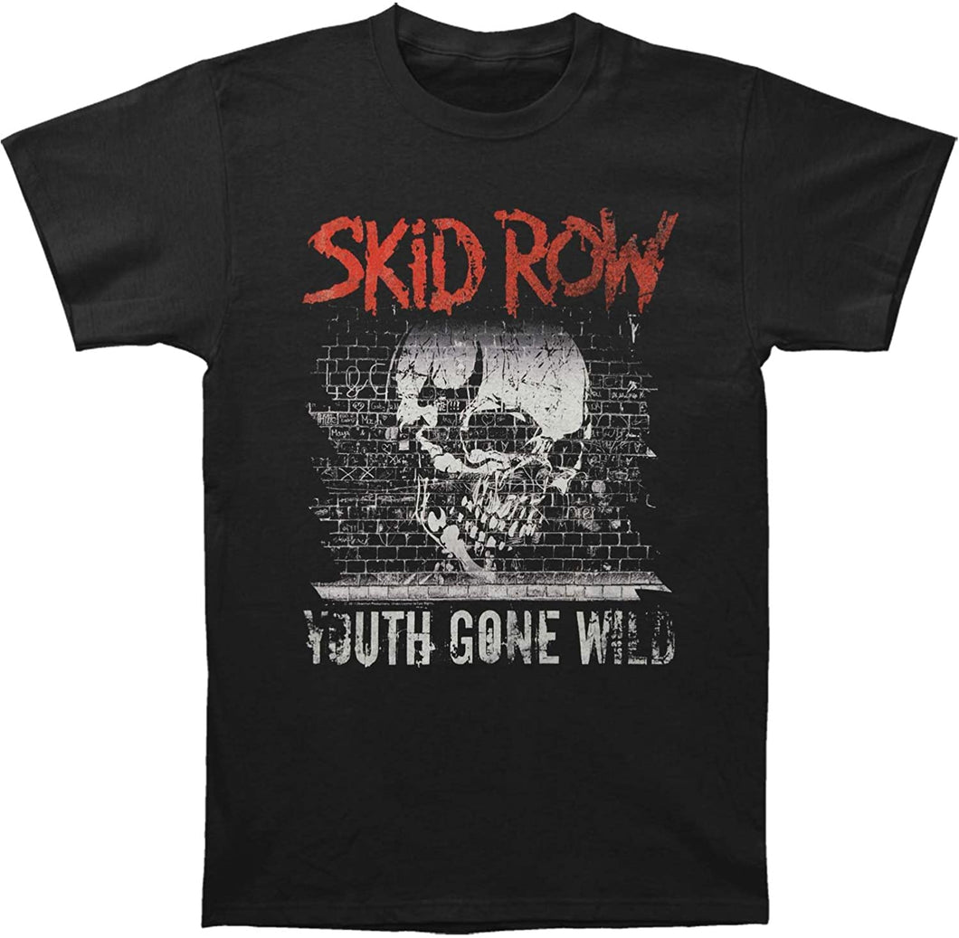 black band shirt with skid row logo and skull graphic with text that reads 