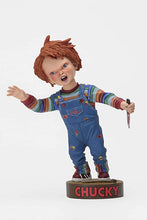 Load image into Gallery viewer, front of Head knocker bobble head of Chucky from Child&#39;s Play 2. Chucky has his right hand up, mouth open as if he is yelling, and in his left hand is clutching a knife. Chucky stands on a small round platform that reads &quot;CHUCKY&quot; in red letters on the front.
