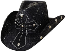 Load image into Gallery viewer, Black bangora straw cowboy hat with silver studs along underside of brim on both sides, and a black leather studded cross design on the front center
