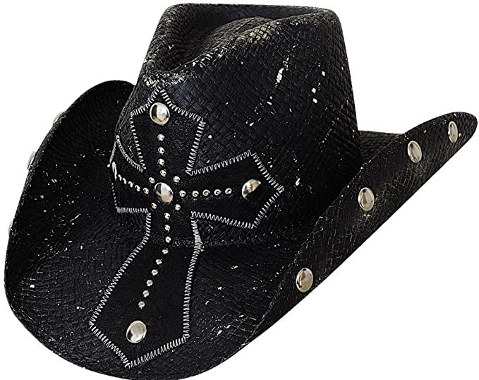 Black bangora straw cowboy hat with silver studs along underside of brim on both sides, and a black leather studded cross design on the front center