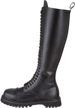 Load image into Gallery viewer, outer side view of Real black leather 1 1/4&quot; platform  20 eyelet combat biker goth steel toe Knee-high boot Full lace-up, no Zipper
